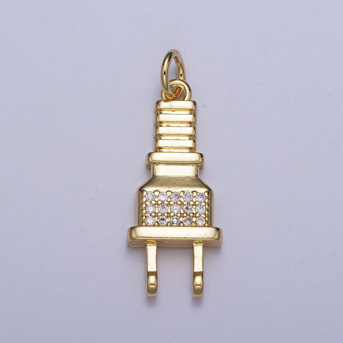 Micro cz paved power cord plug pendant, gold silver micro pave cubic zirconia cz stone electricity plug charm | ag131, ag132