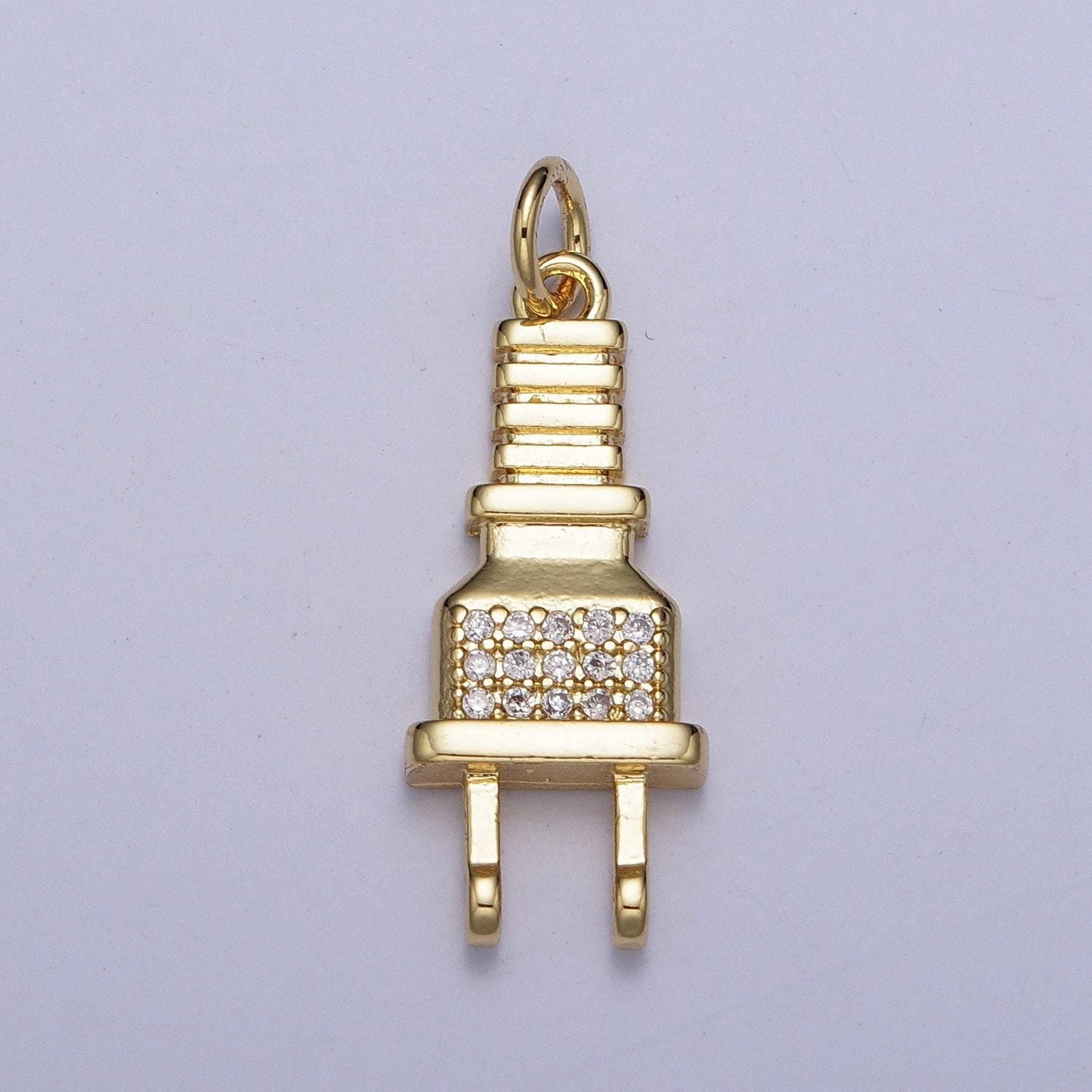Micro cz paved power cord plug pendant, gold silver micro pave cubic zirconia cz stone electricity plug charm | ag131, ag132