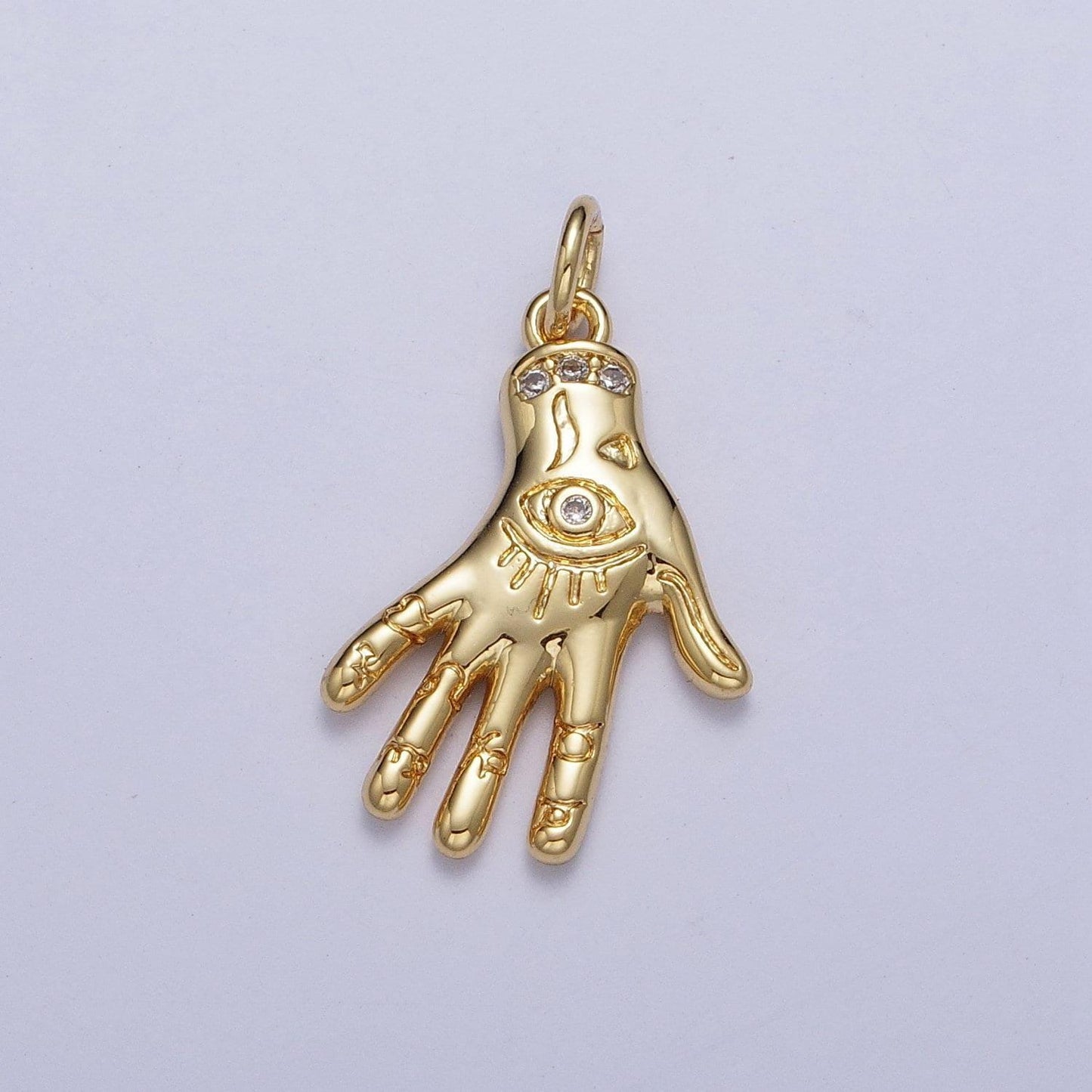 Gold open palm evil eye hand pendant, 24k gold plated micro pave cz evil eye of ra charm | ag125