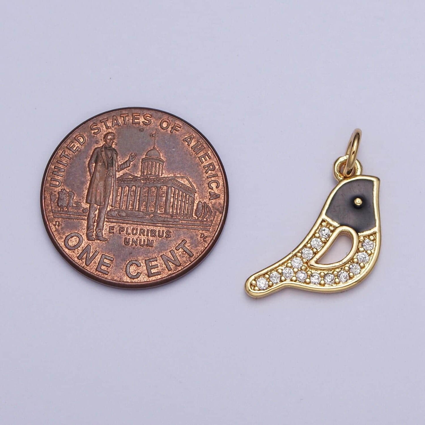 Dainty gold bird pendant, 24k gold plated sparrow warbler finches charm, clear micro pave cz black enamel animal pendant | ag115