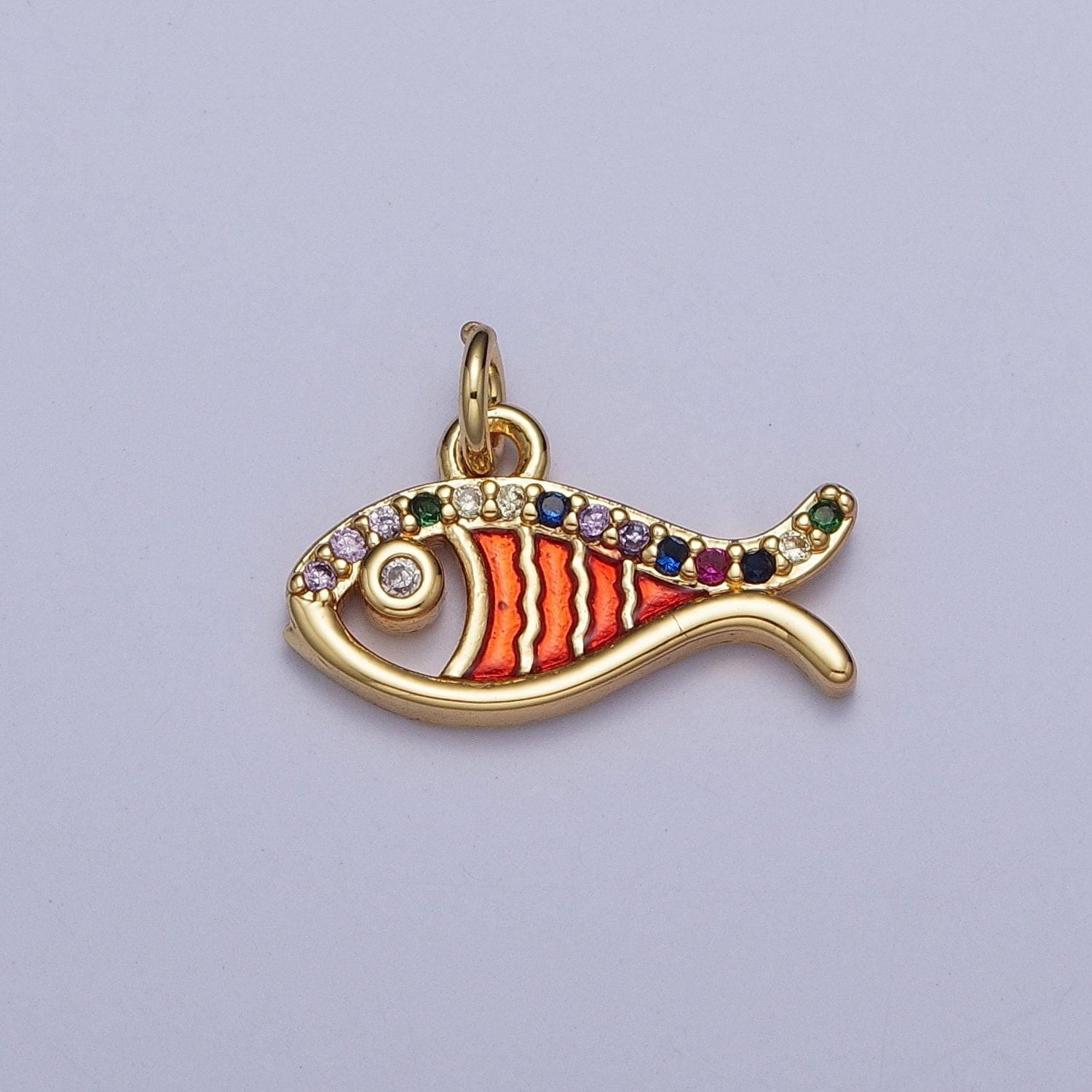 Dainty gold cz fish charm, micro colorful cz paved sea life fish pendant, sea animal beach life charm | ag112