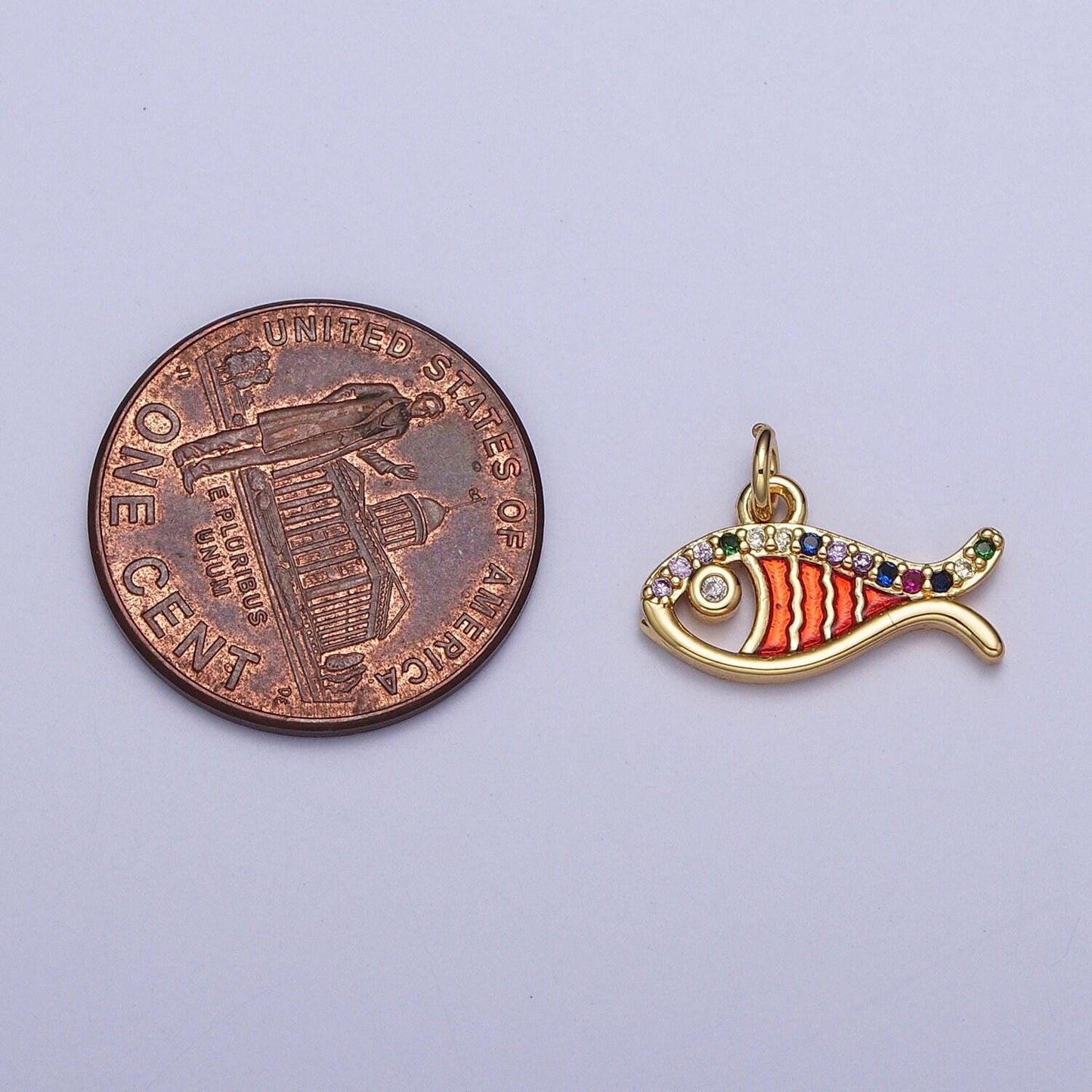 Dainty gold cz fish charm, micro colorful cz paved sea life fish pendant, sea animal beach life charm | ag112