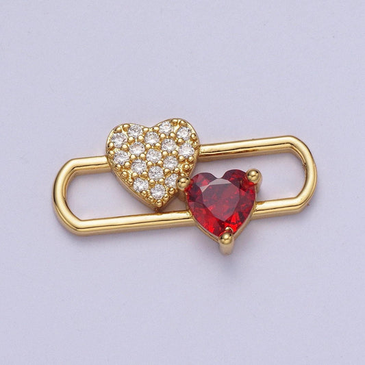 24k gold filled heart love pin charm, clear micro pave quartz red cubic zirconia love heart for jewelry making | ag110