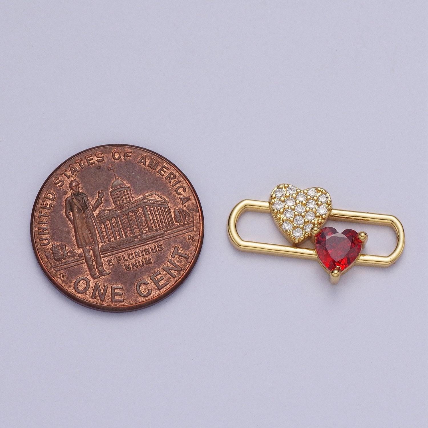 24k gold filled heart love pin charm, clear micro pave quartz red cubic zirconia love heart for jewelry making | ag110
