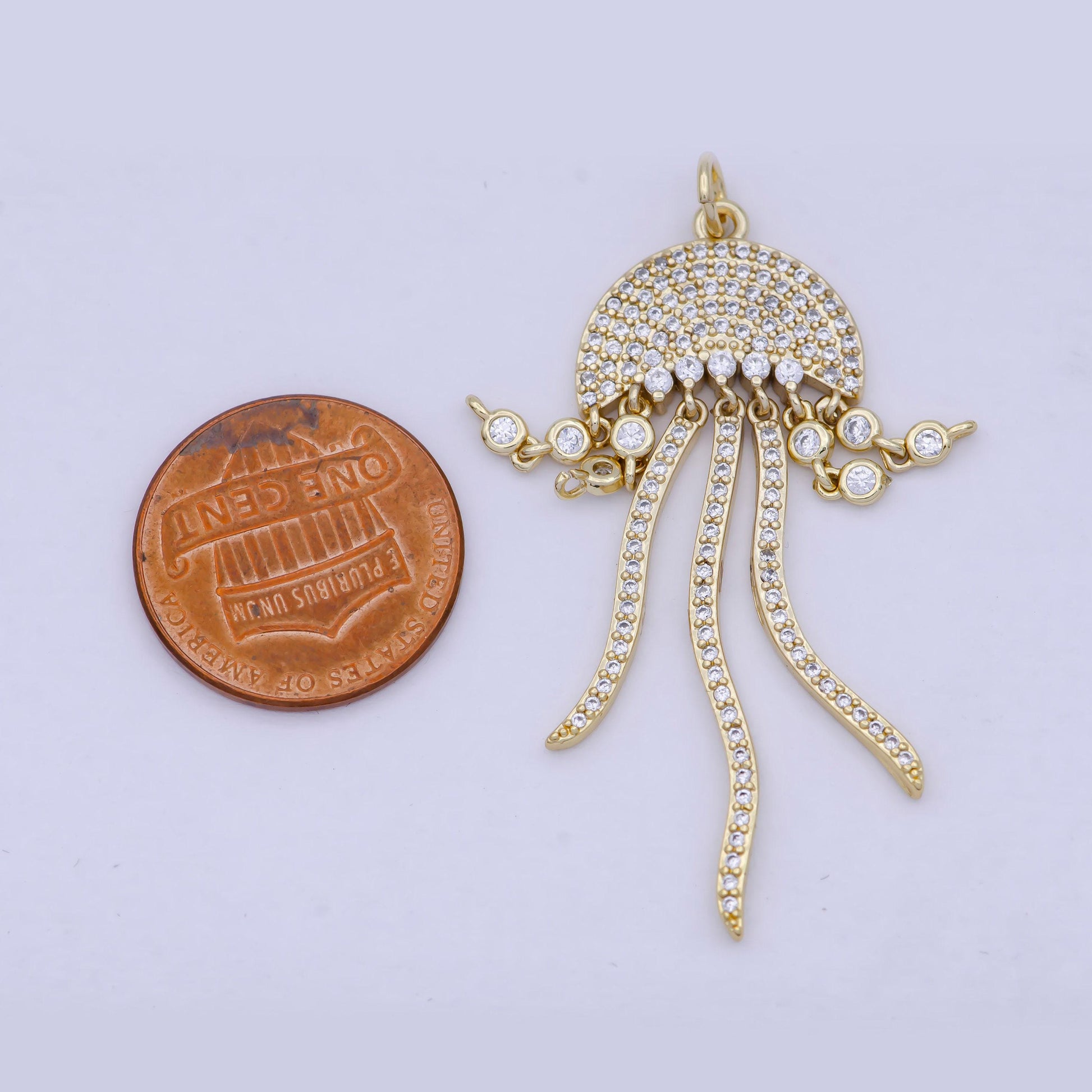 Gold cz jellyfish charm, 24k gold plated clear micro paved cubic zirconia cz stones jelly fish sea life pendant | ag-086