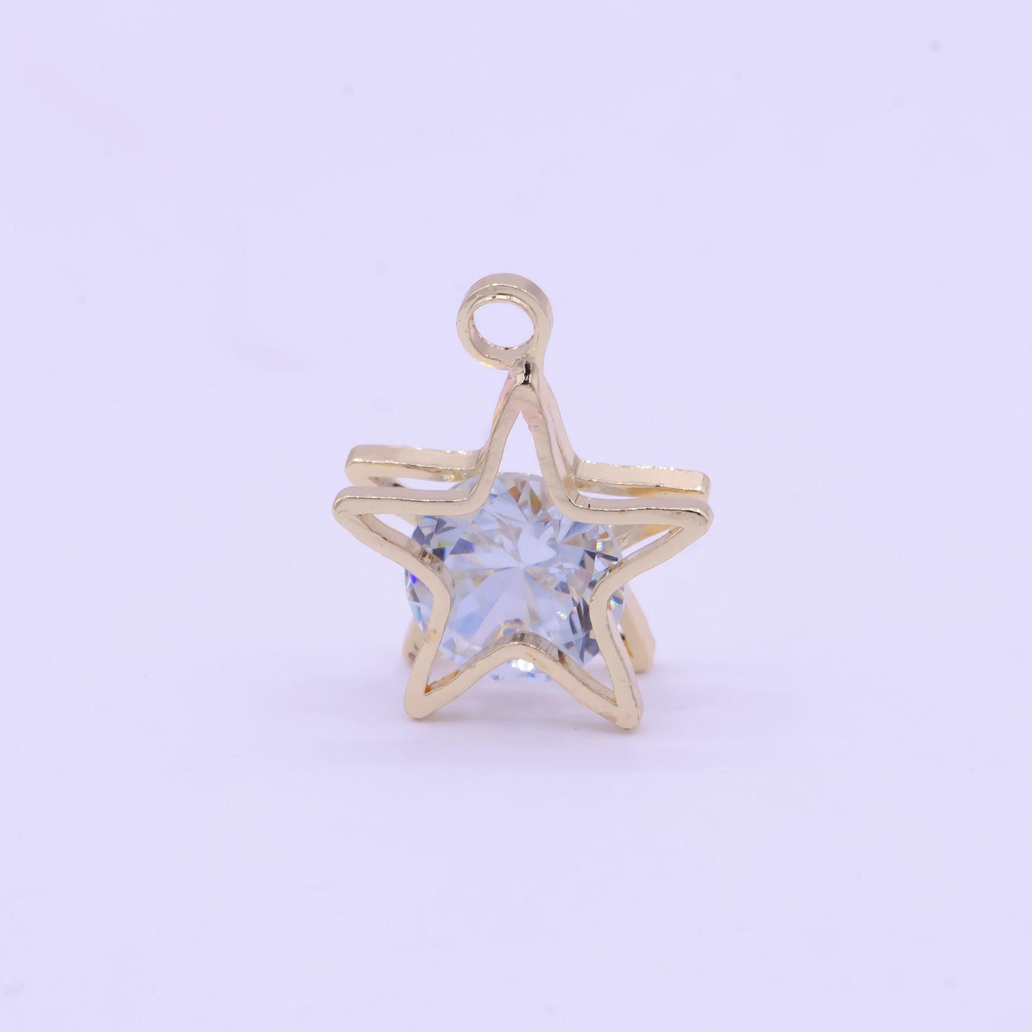Dainty gold star w. clear round cz stone center pendant, 24k gold plated micro paved clear cz double sandwich stacked star charm | ag-085