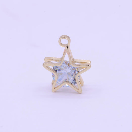 Dainty gold star w. clear round cz stone center pendant, 24k gold plated micro paved clear cz double sandwich stacked star charm | ag-085