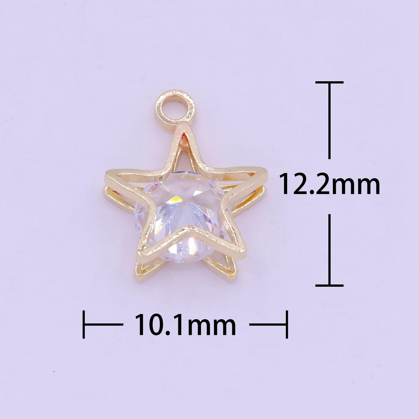 Dainty gold star w. clear round cz stone center pendant, 24k gold plated micro paved clear cz double sandwich stacked star charm | ag-085