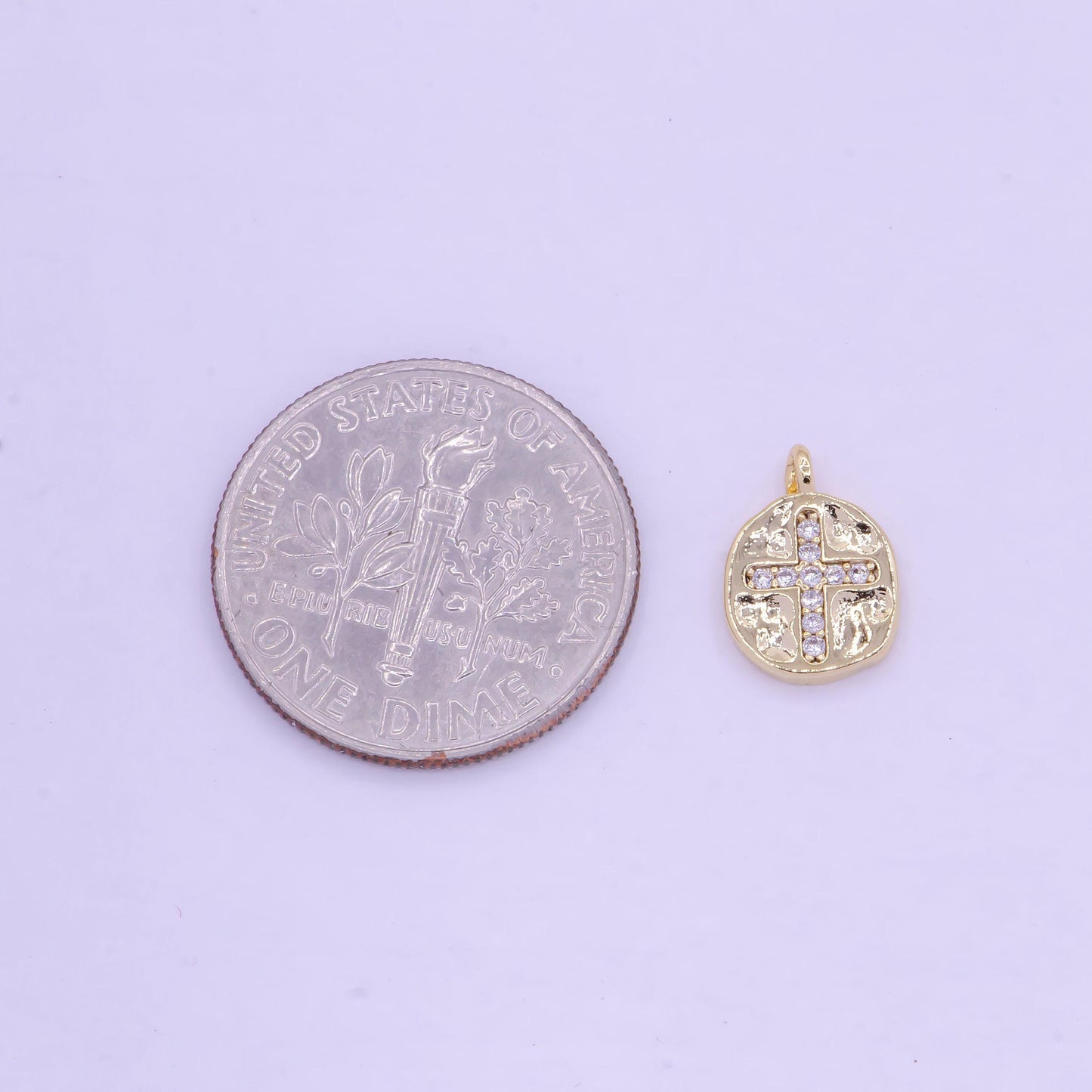 Mini gold cross coin charm, 16k gold plated clear micro paved cz cross medallion pendant | ag-078