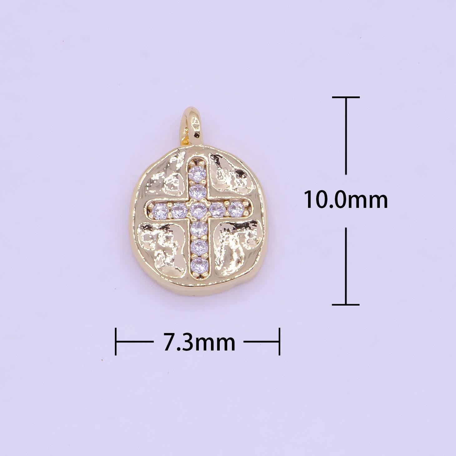 Mini gold cross coin charm, 16k gold plated clear micro paved cz cross medallion pendant | ag-078
