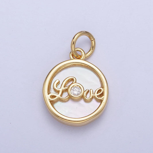 24k gold filled mini love cursive lettering in coin medallion charm, micro pave cz love heart medallion, add on love heart pendant | ag-074