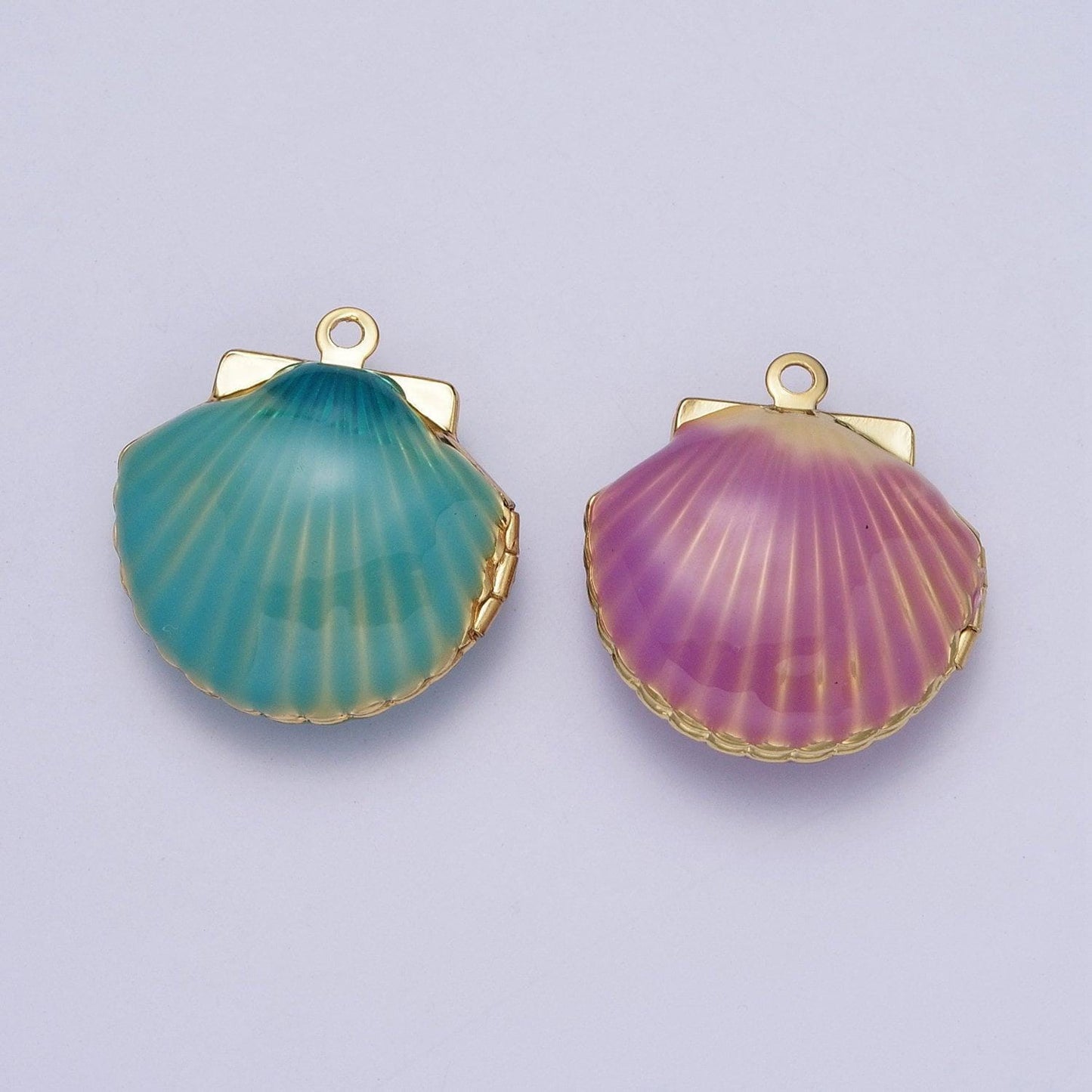 Dainty teal and magenta openable clam shell locket pendant, 24k gold plated enamel color seashell locket charm | ag028, ag029