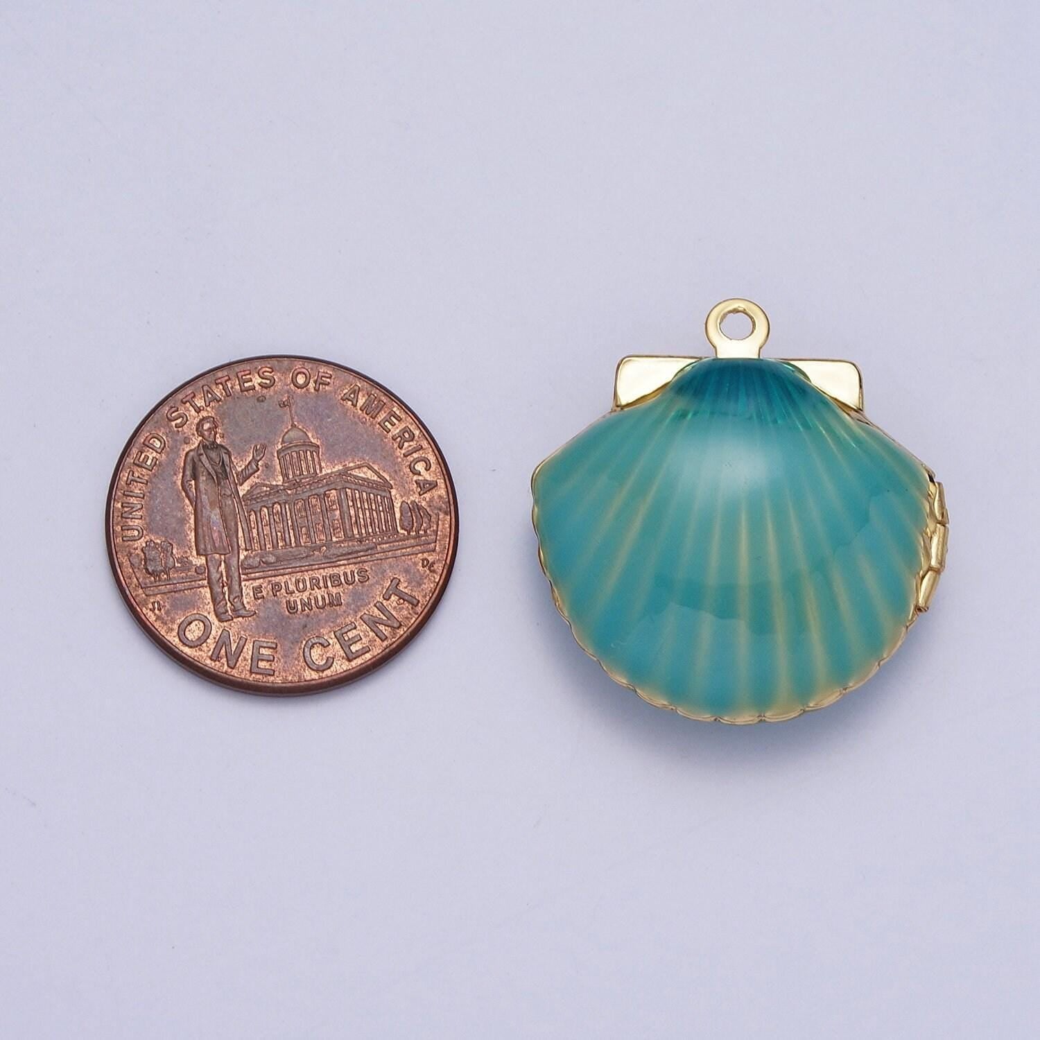 Dainty teal and magenta openable clam shell locket pendant, 24k gold plated enamel color seashell locket charm | ag028, ag029