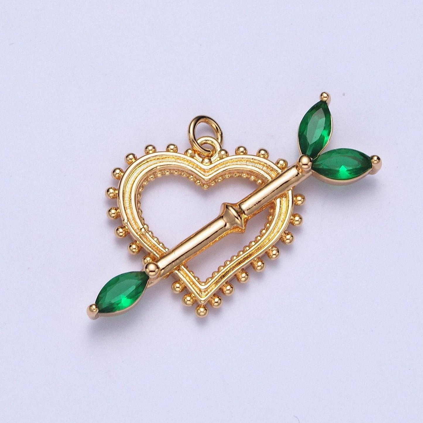 Cz cupid arrow across beaded heart pendant, colored cz crystal stones love arrow charm, valentine's day anniversary gift ideas