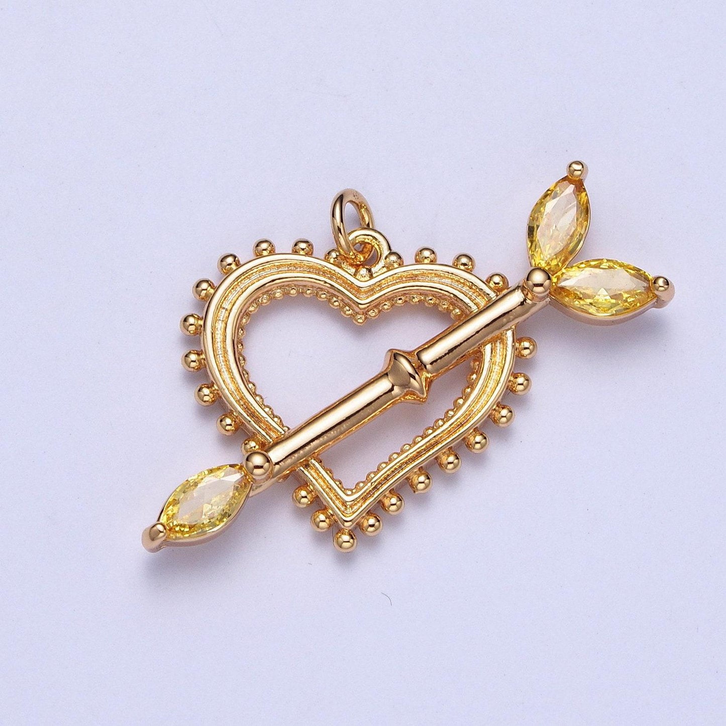 Cz cupid arrow across beaded heart pendant, colored cz crystal stones love arrow charm, valentine's day anniversary gift ideas