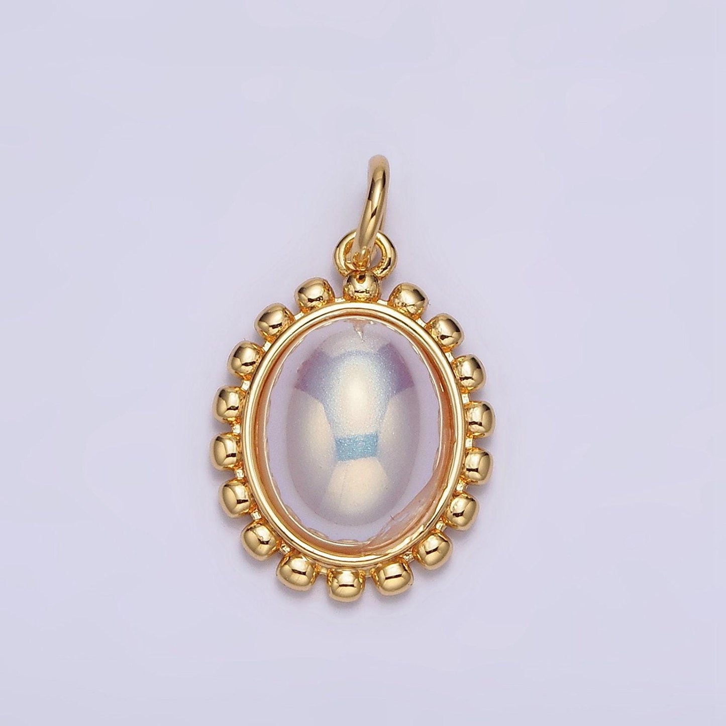 18k gold filled iridescent pearl oval dotted outline charm | ac1441