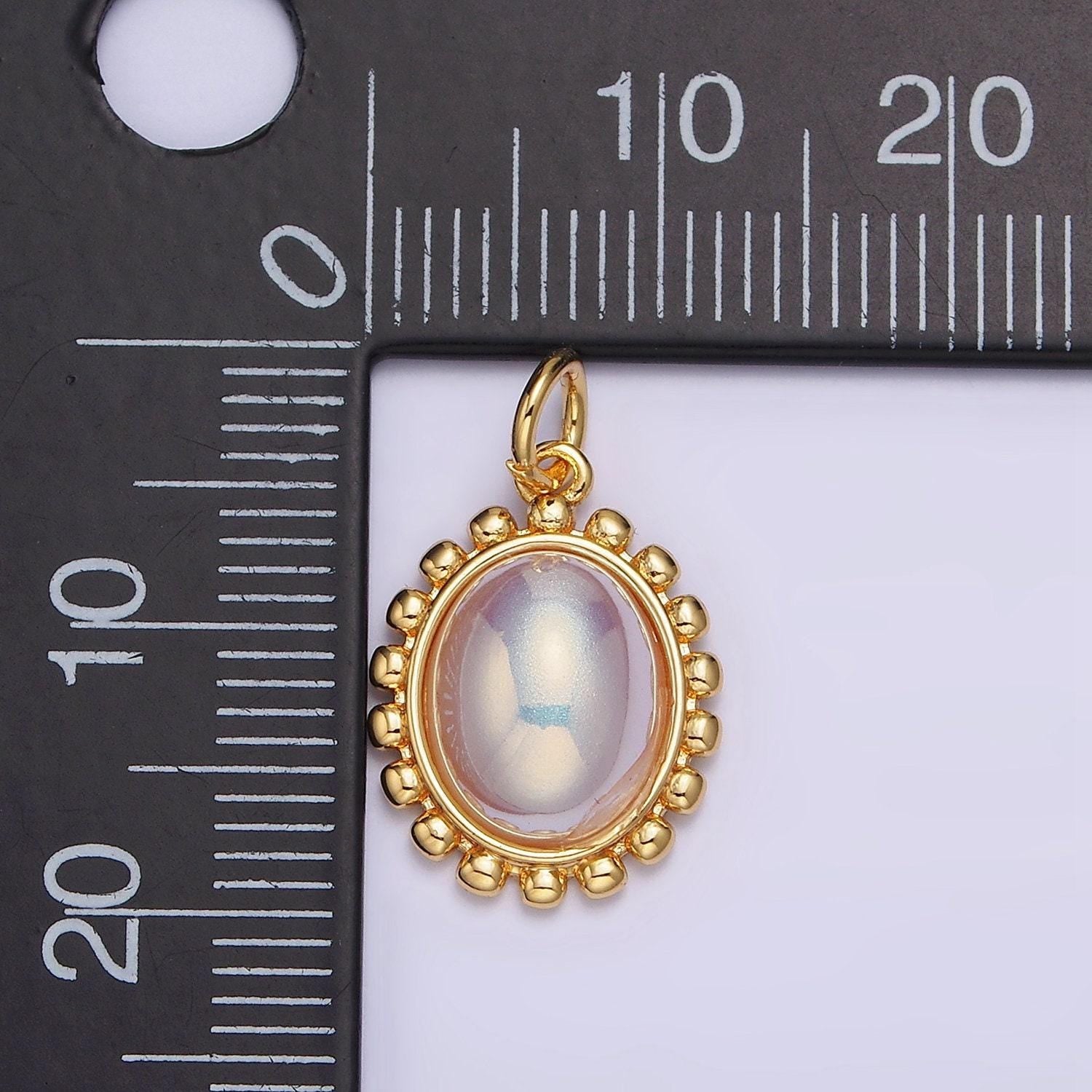 18k gold filled iridescent pearl oval dotted outline charm | ac1441