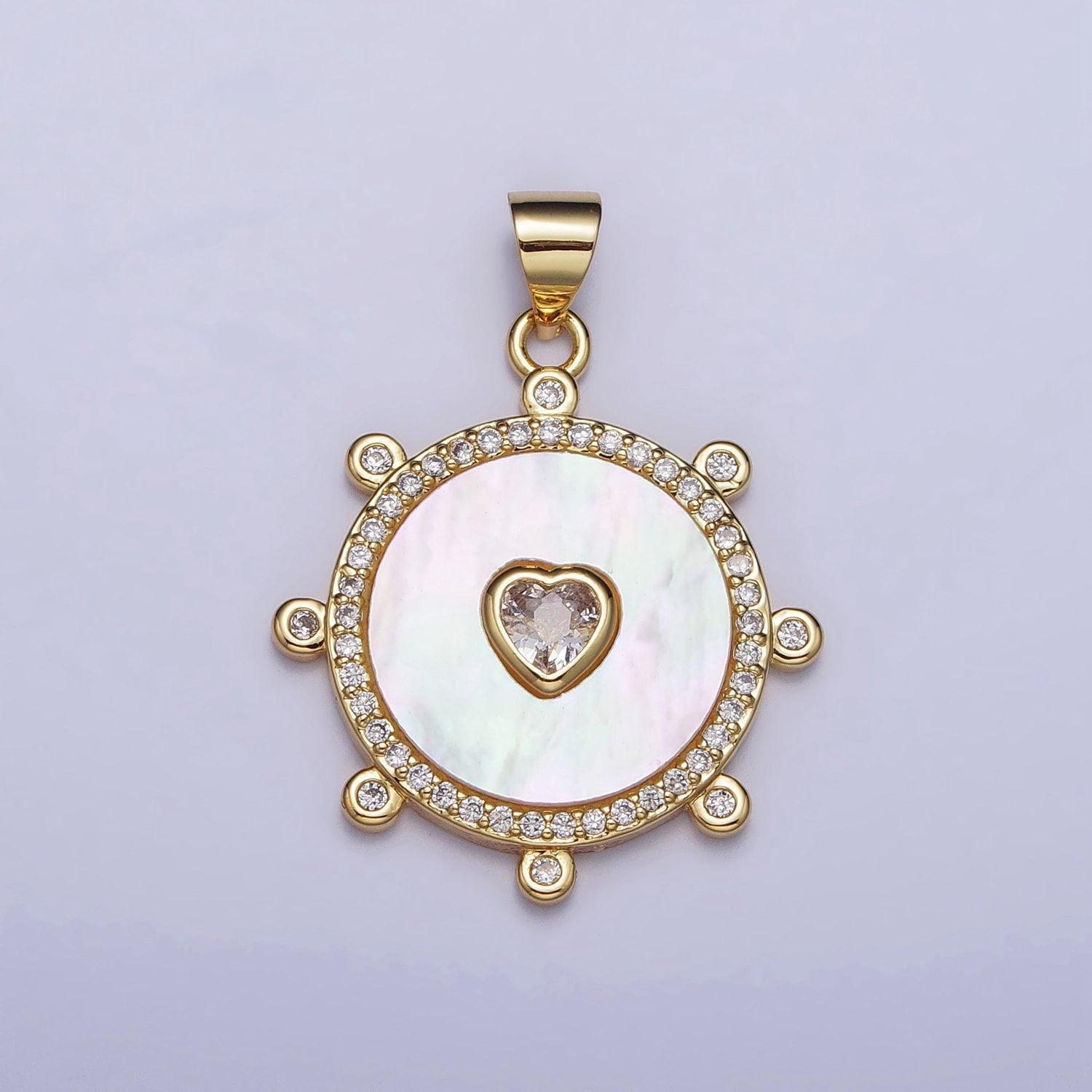 18k gold filled medallion charm, silver clear cz heart shell pearl round micro paved dotted outline pendant | ac995 ac996
