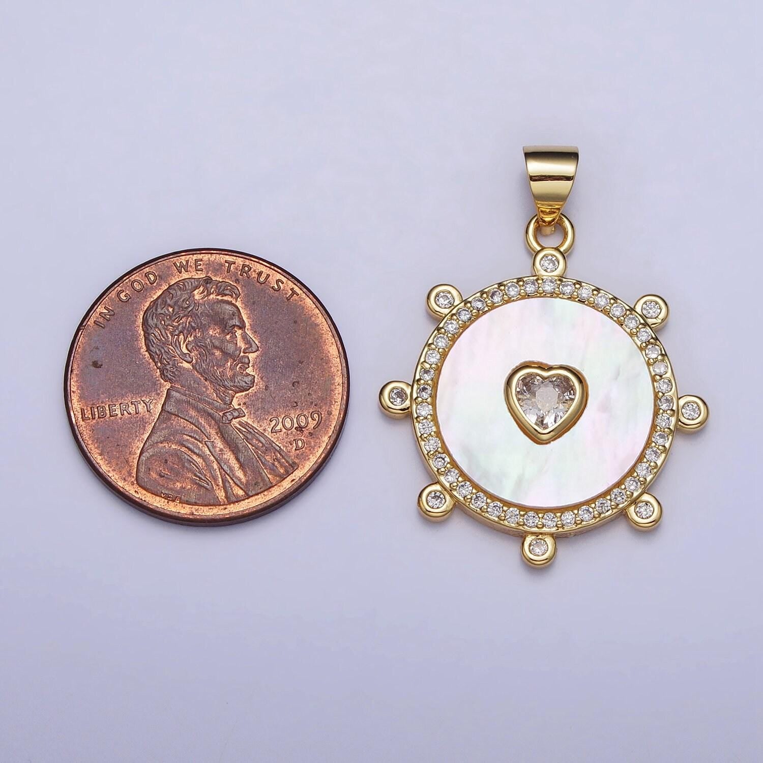 18k gold filled medallion charm, silver clear cz heart shell pearl round micro paved dotted outline pendant | ac995 ac996
