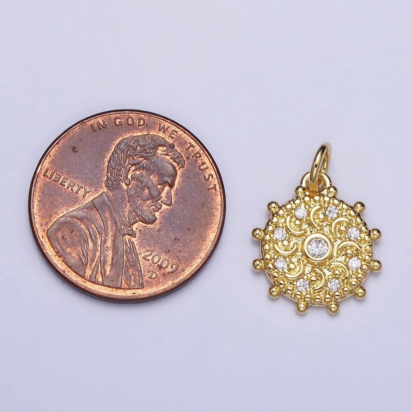 18k gold filled chakra charms, dainty cubic yoga charm in round disc charm medallion for necklace, crescent moon bohemian pendant ac973