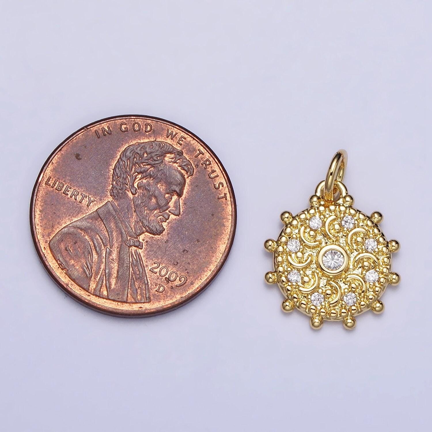 18k gold filled chakra charms, dainty cubic yoga charm in round disc charm medallion for necklace, crescent moon bohemian pendant ac973