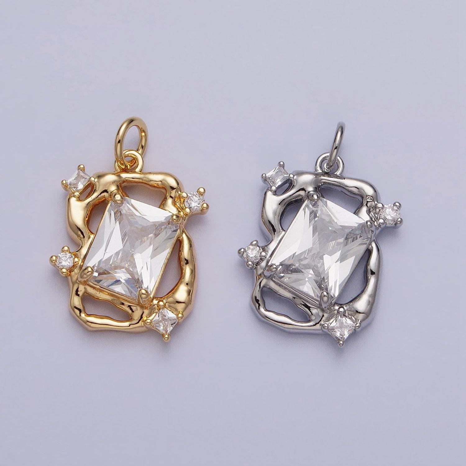16k gold filled clear emerald cut cz rustic abstract geometric charm in gold & silver | ac956 ac957