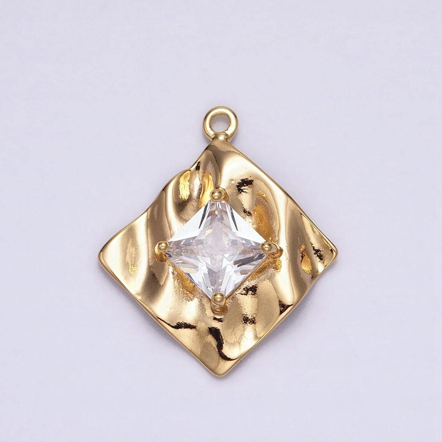 16k gold filled clear diamond cz rhombus hammered abstract geometric charm in gold & silver | ac954 ac955