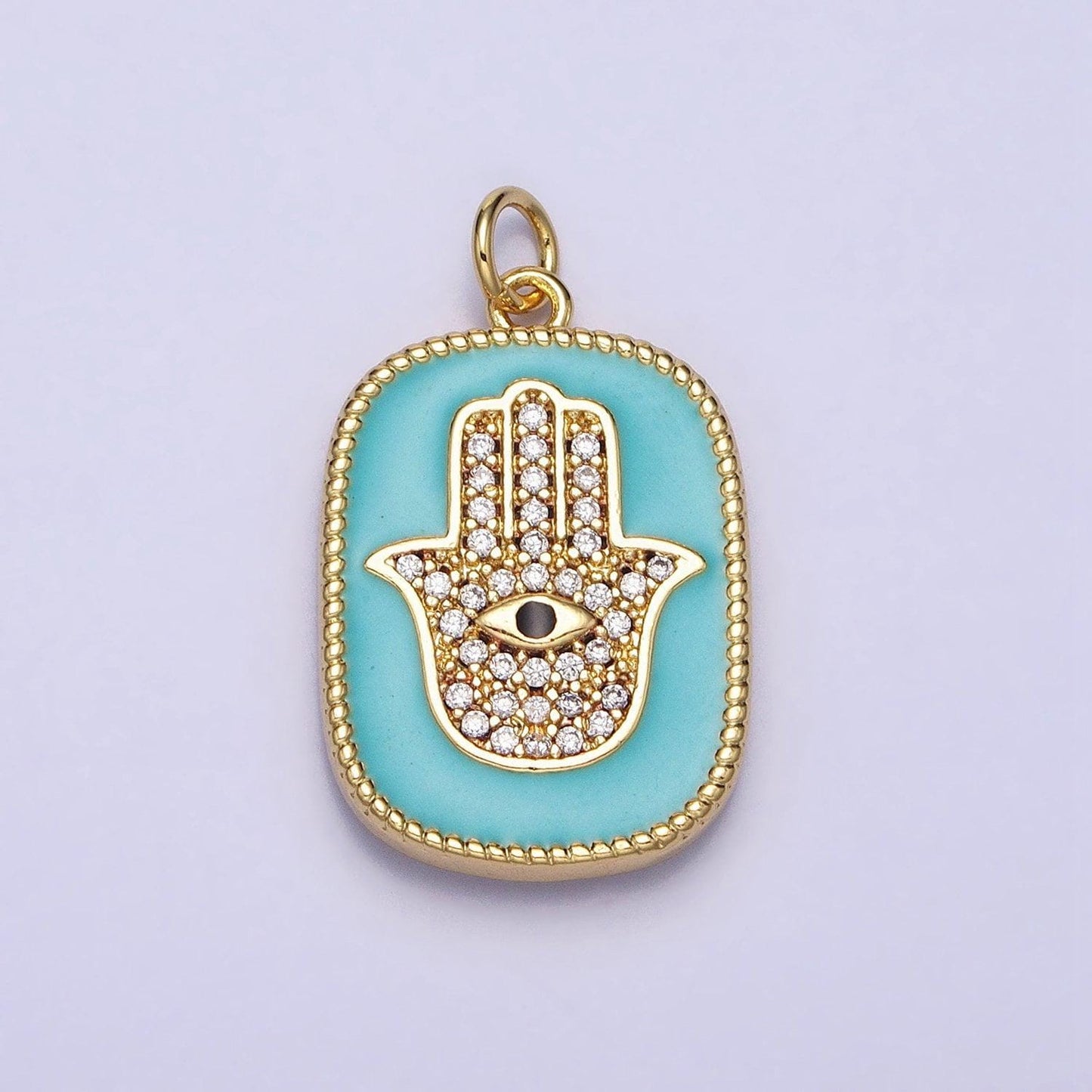 Double sided dainty gold micro pave cz hamsa hand pendant charm blue teal enamel evil eye pendant charm, for diy jewelry ac953