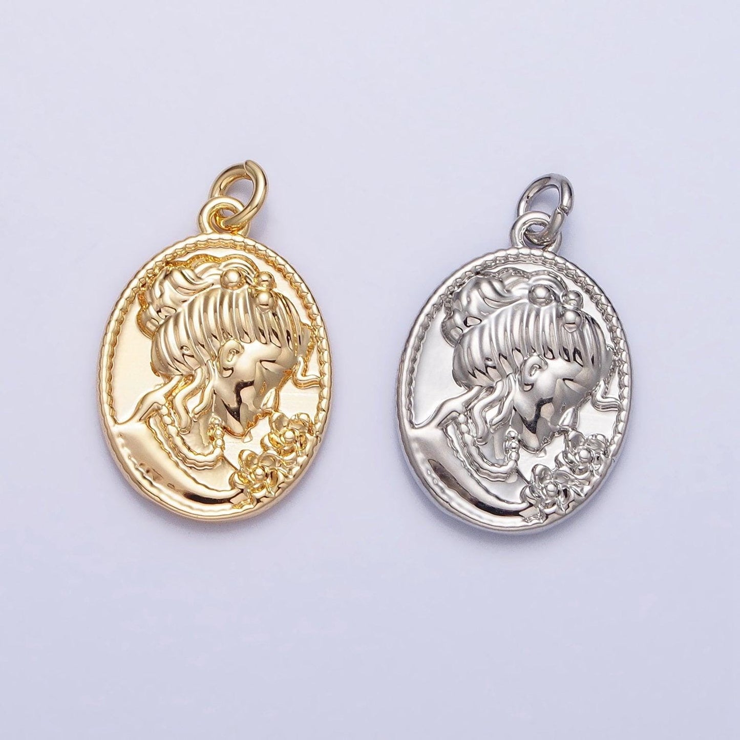 Princess lady coin pendant- 16k gold filled charm earrings - oval coin jewelry - queen cameo pendant - goddess lady coin medallion ac948