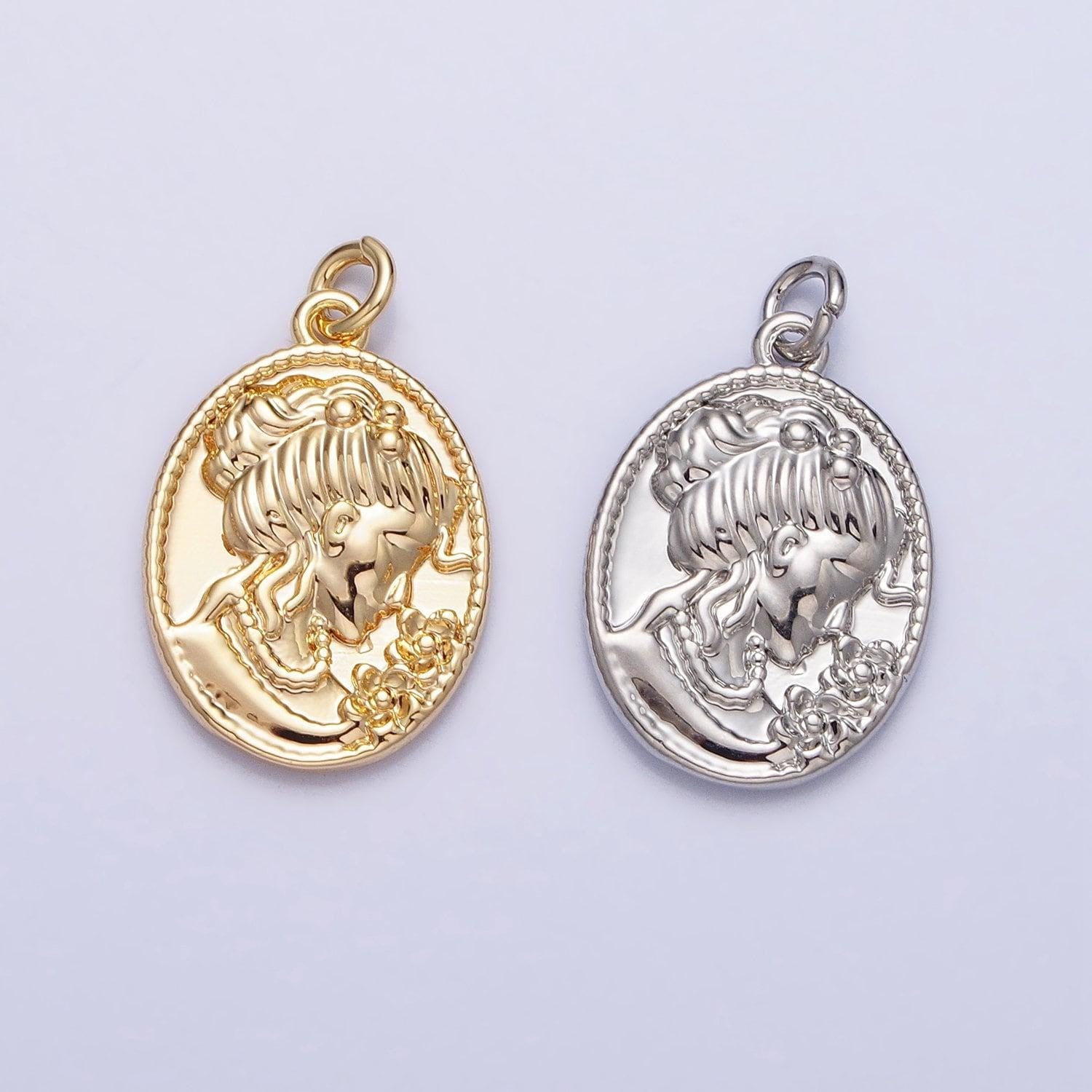 Princess lady coin pendant- 16k gold filled charm earrings - oval coin jewelry - queen cameo pendant - goddess lady coin medallion ac948