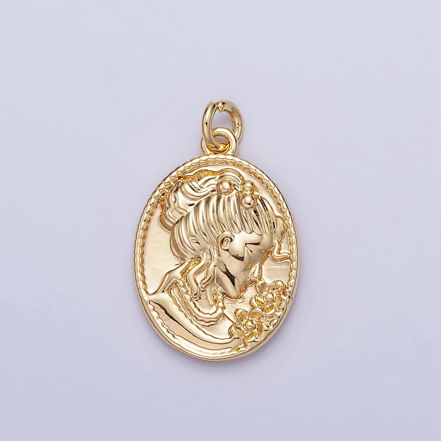 Princess lady coin pendant- 16k gold filled charm earrings - oval coin jewelry - queen cameo pendant - goddess lady coin medallion ac948