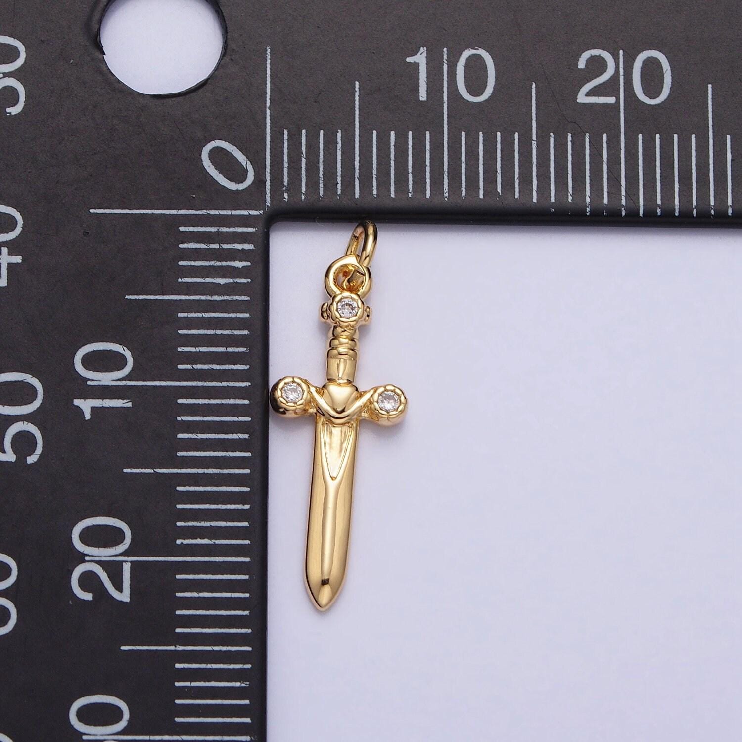 16k gold plated dainty knife pendant small dagger amulet clear micro cz pave | diy fashion charm add on necklace bracelet ac397 ac947