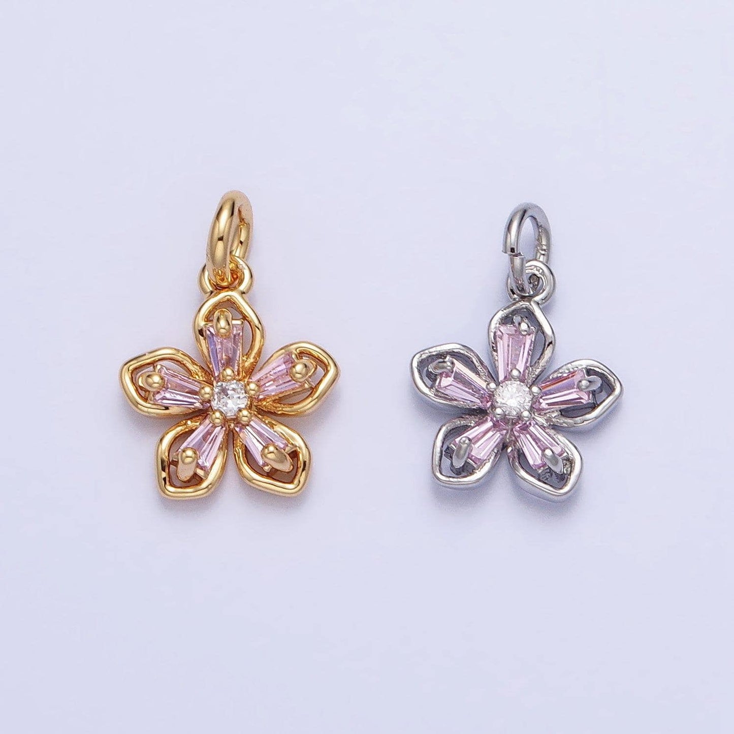 Mini gold flower charm, cubic zirconia floral pendant charm silver flower petal charm necklace earring bracelet diy jewelry ac939