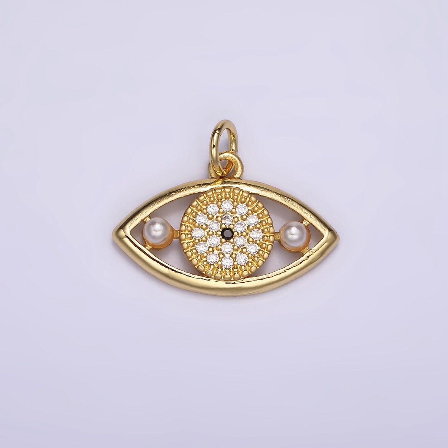 14k gold filled evil eye double pearl clear micro paved cz open charm in gold & silver | ac891 ac892