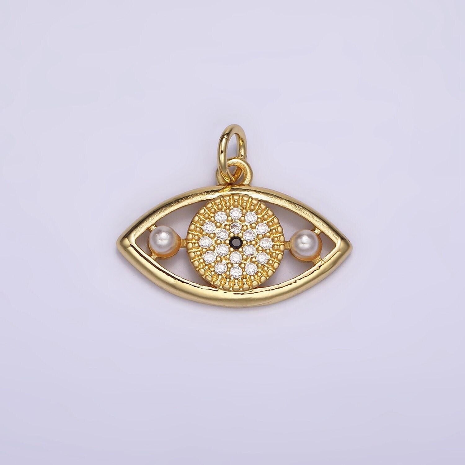 14k gold filled evil eye double pearl clear micro paved cz open charm in gold & silver | ac891 ac892