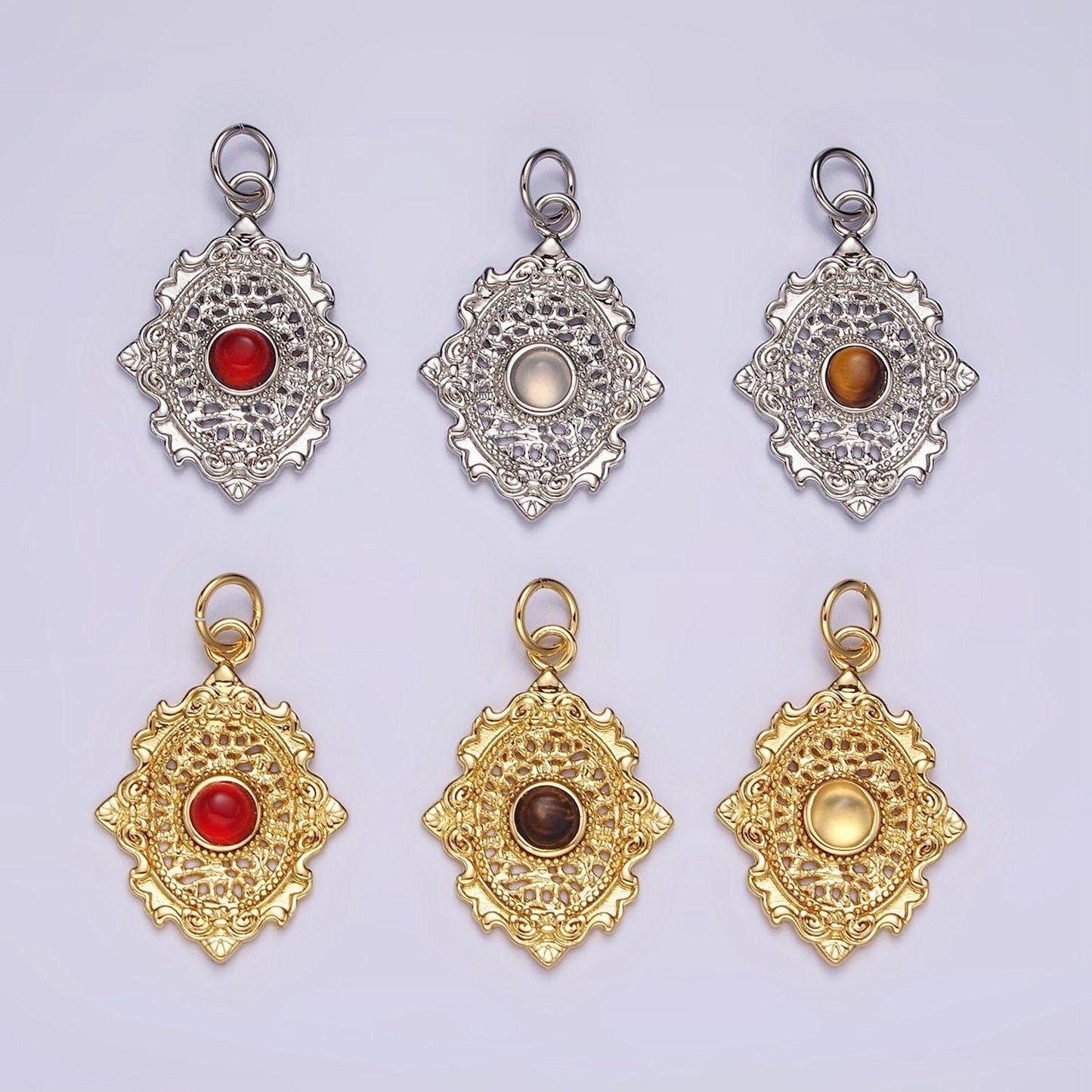 14k gold filled carnelian, agate, tiger eye dot artisan oval charm in gold & silver | ac885 - ac890