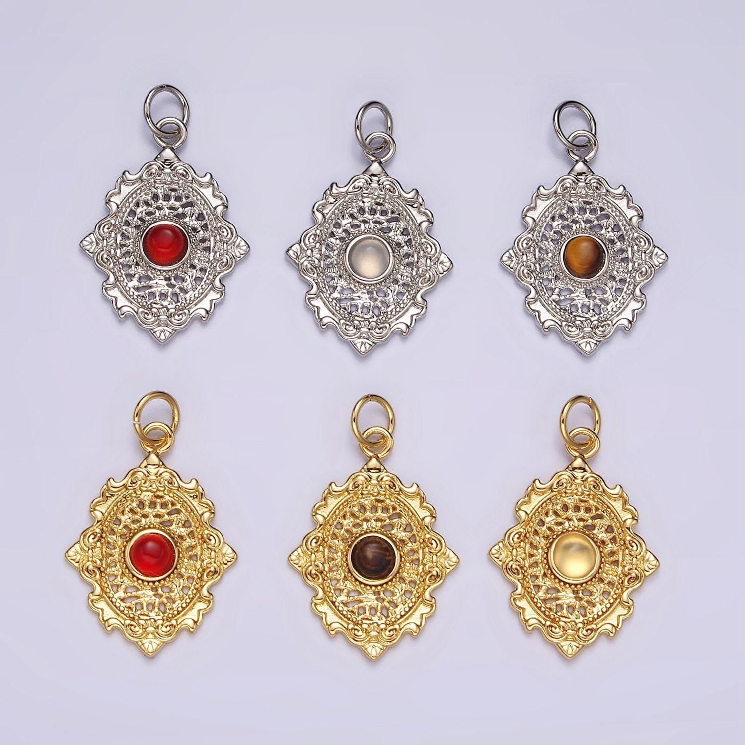 14k gold filled carnelian, agate, tiger eye dot artisan oval charm in gold & silver | ac885 - ac890
