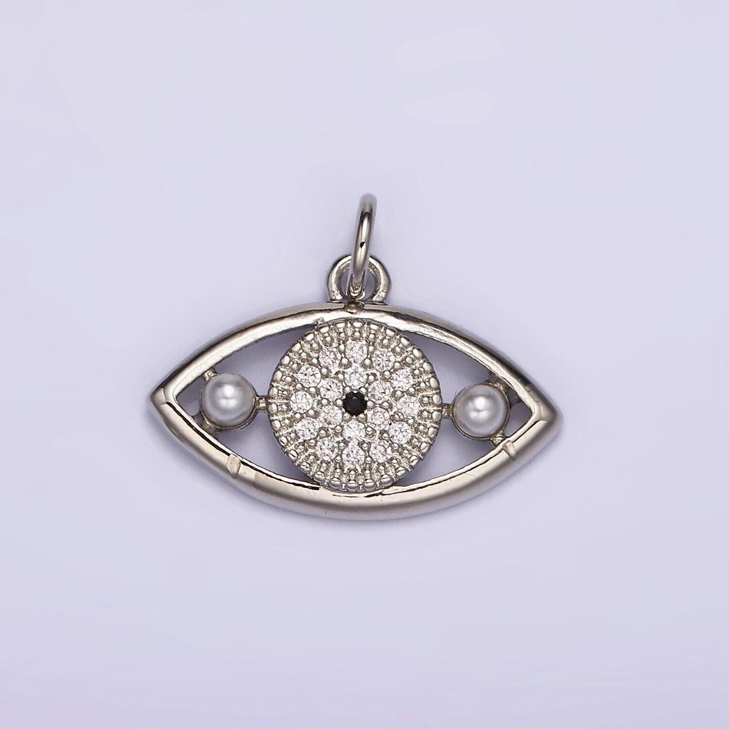 14k gold filled evil eye double pearl clear micro paved cz open charm in gold & silver | ac891 ac892