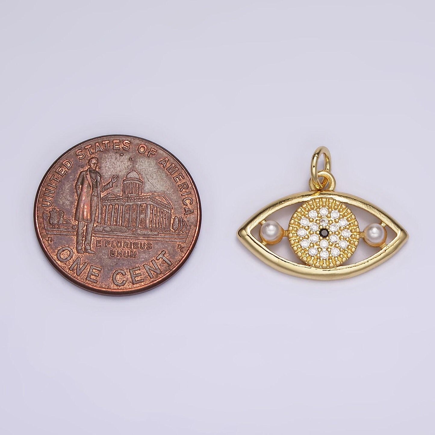 14k gold filled evil eye double pearl clear micro paved cz open charm in gold & silver | ac891 ac892