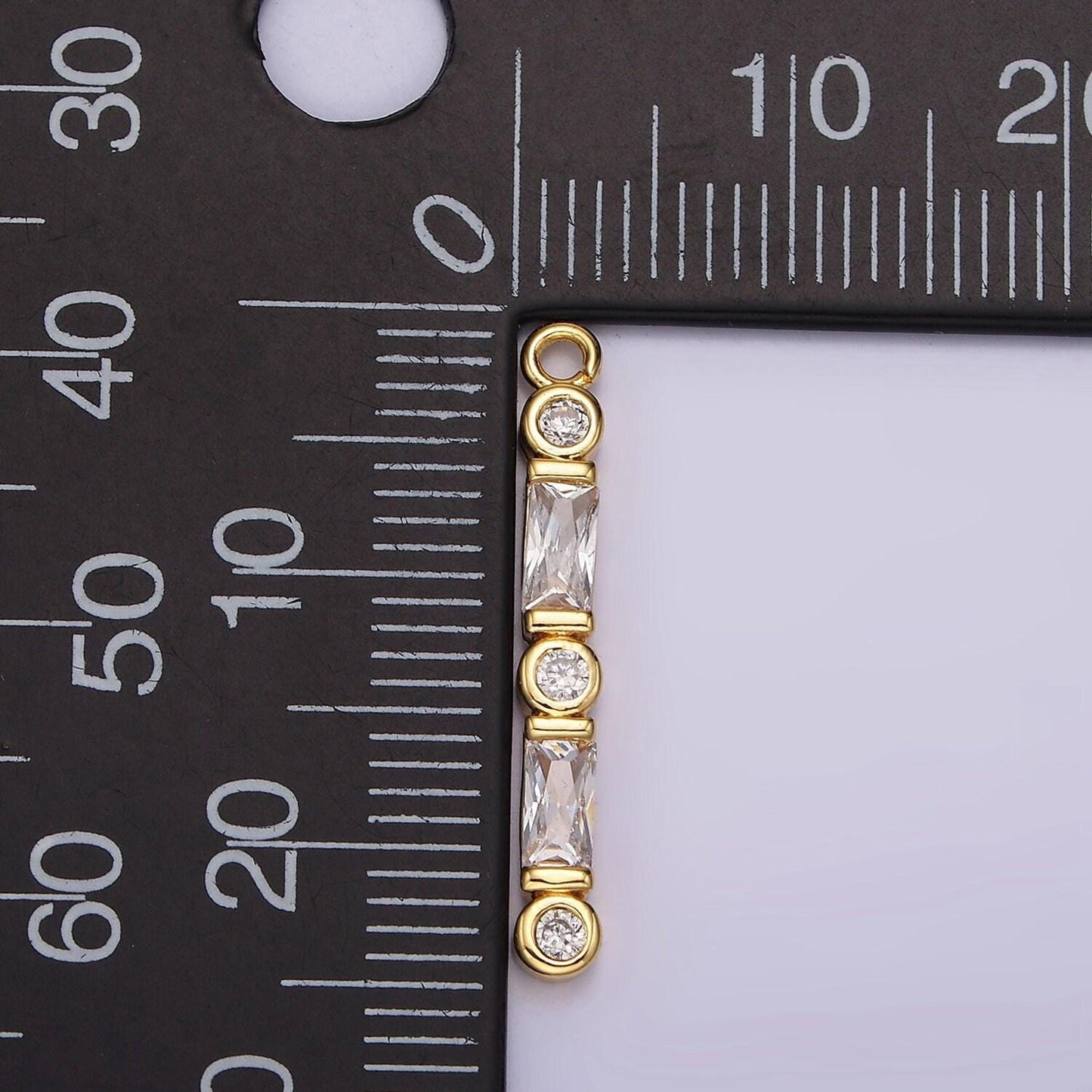 24k gold filled 24mm clear cz baguette round bezel linear charm | ac883