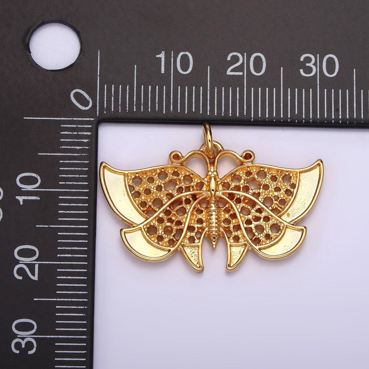 24k gold filled 20mm antenna butterfly open round dotted wings insect animal charm | ac863