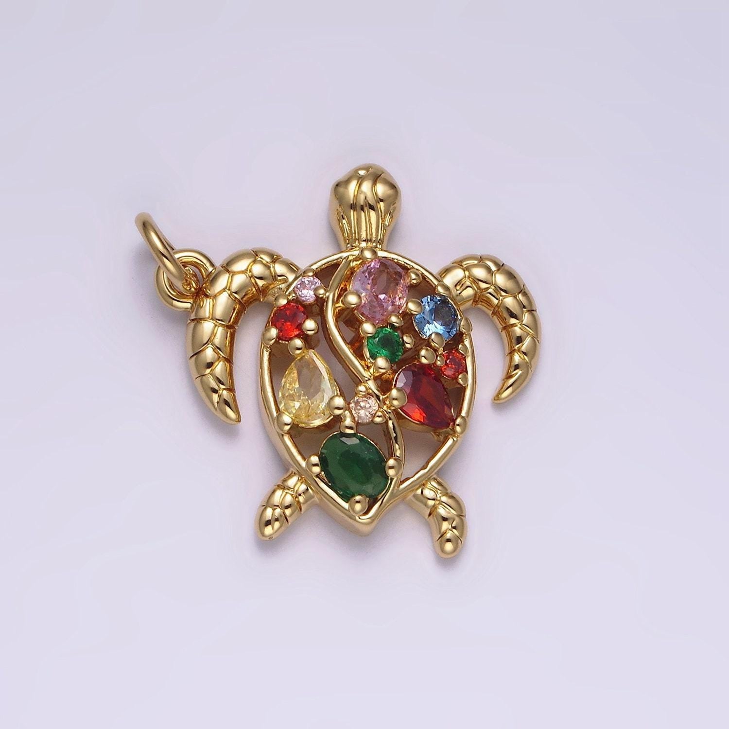 14k gold filled multicolor cz open textured turtle tortoise ocean animal charm in gold & silver | ac833 ac834