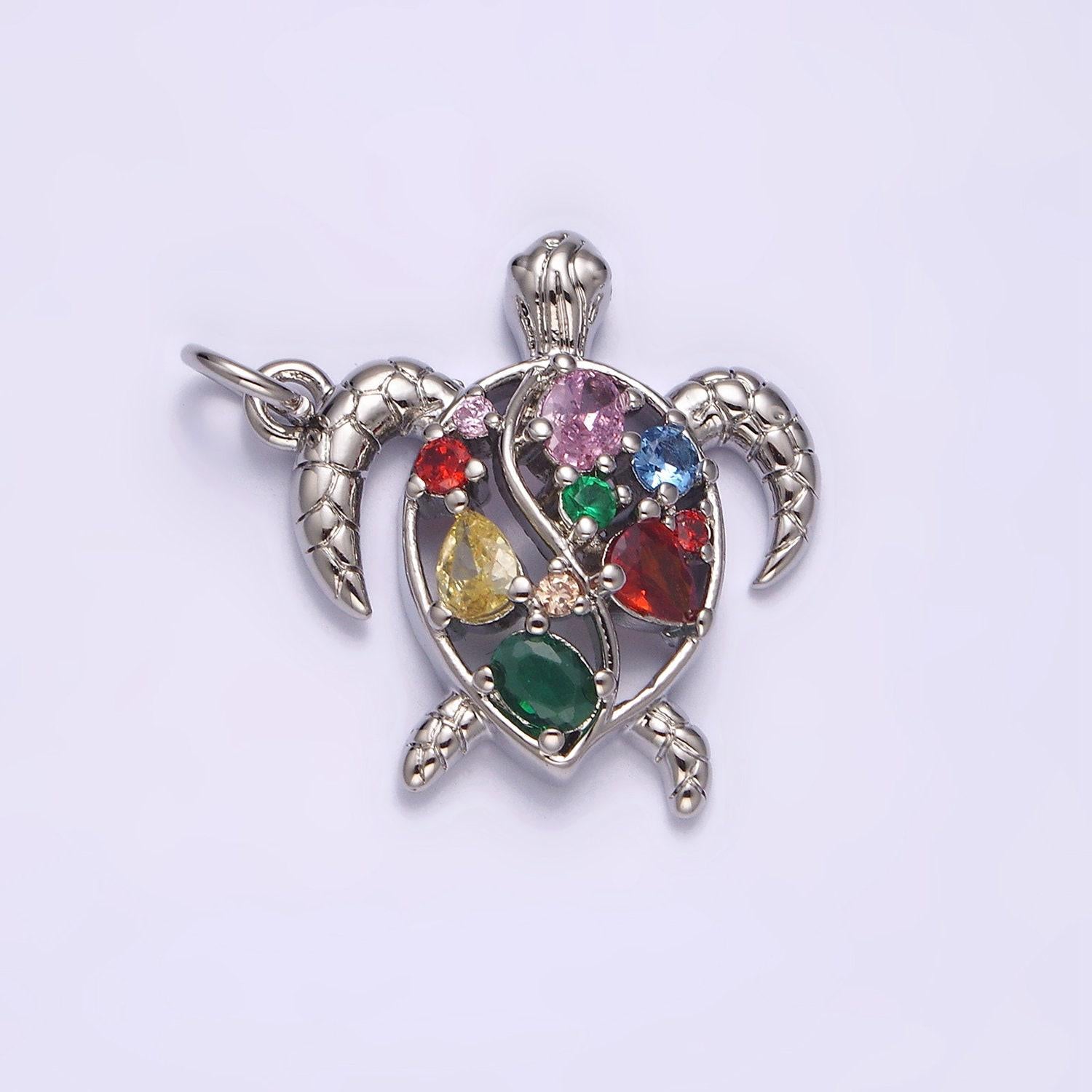 14k gold filled multicolor cz open textured turtle tortoise ocean animal charm in gold & silver | ac833 ac834