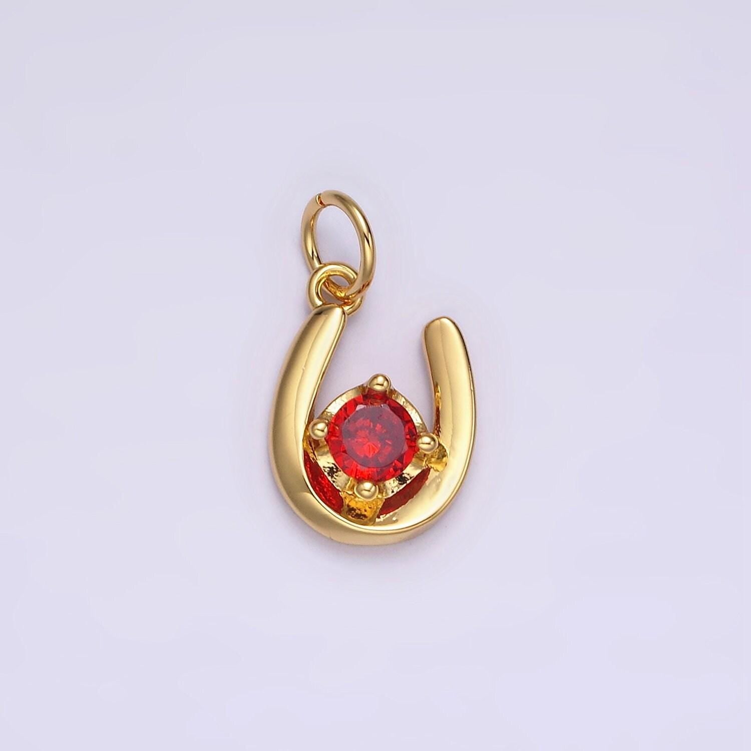 14k gold filled clear, green, red cz lucky u horseshoe charm in gold & silver | ac827 - ac832