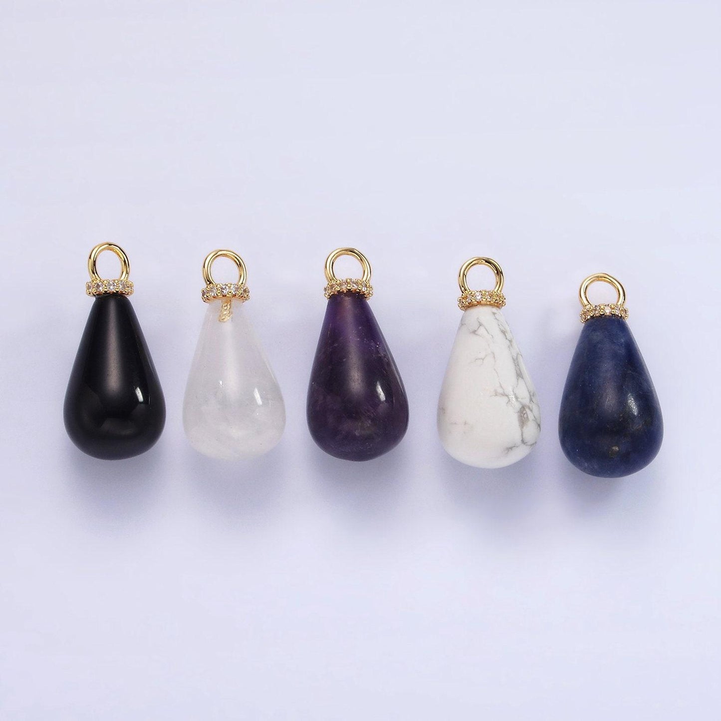 14k gold filled onyx, lapis lazuli, clear quartz, amethyst, howlite teardrop micro paved cz drop pendant | ac793 - ac797