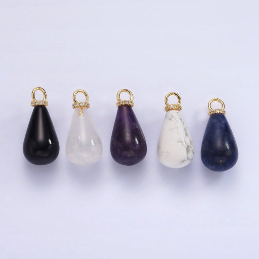 14k gold filled onyx, lapis lazuli, clear quartz, amethyst, howlite teardrop micro paved cz drop pendant | ac793 - ac797