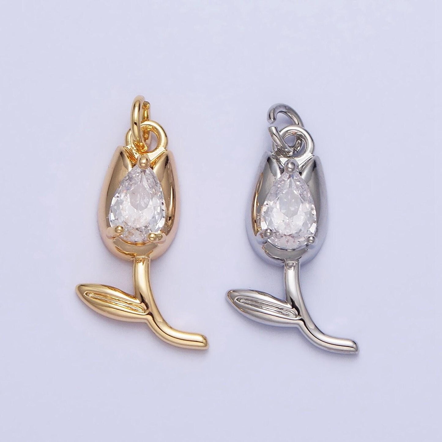 Mini gold tulip charm cz silver tulips flower buds pendant ac777 ac778