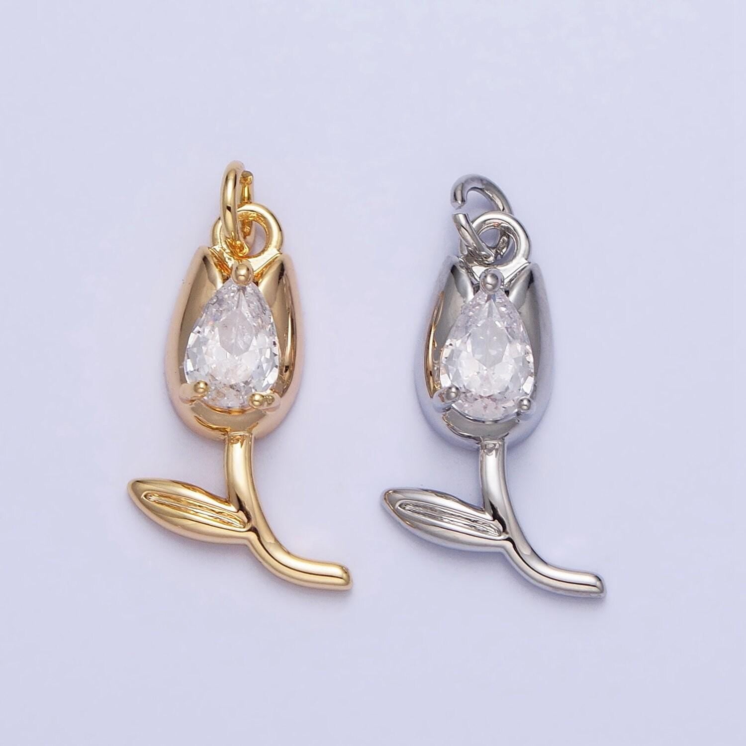 Mini gold tulip charm cz silver tulips flower buds pendant ac777 ac778
