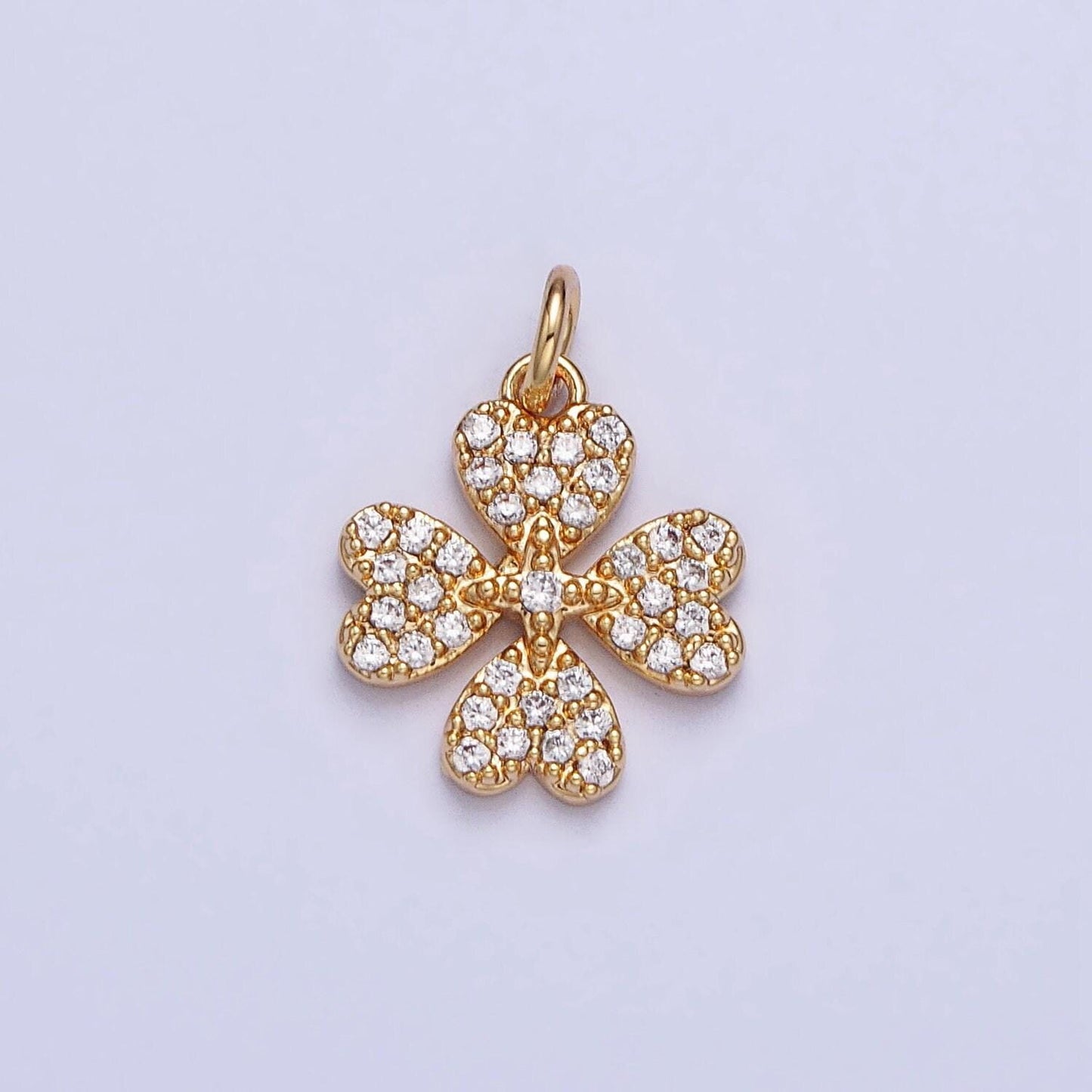Mini gold quatrefoil clover charm gold plated over brass lead nickel free micro pave cz quatrefoil four-leaf clover lucky pendant ac769