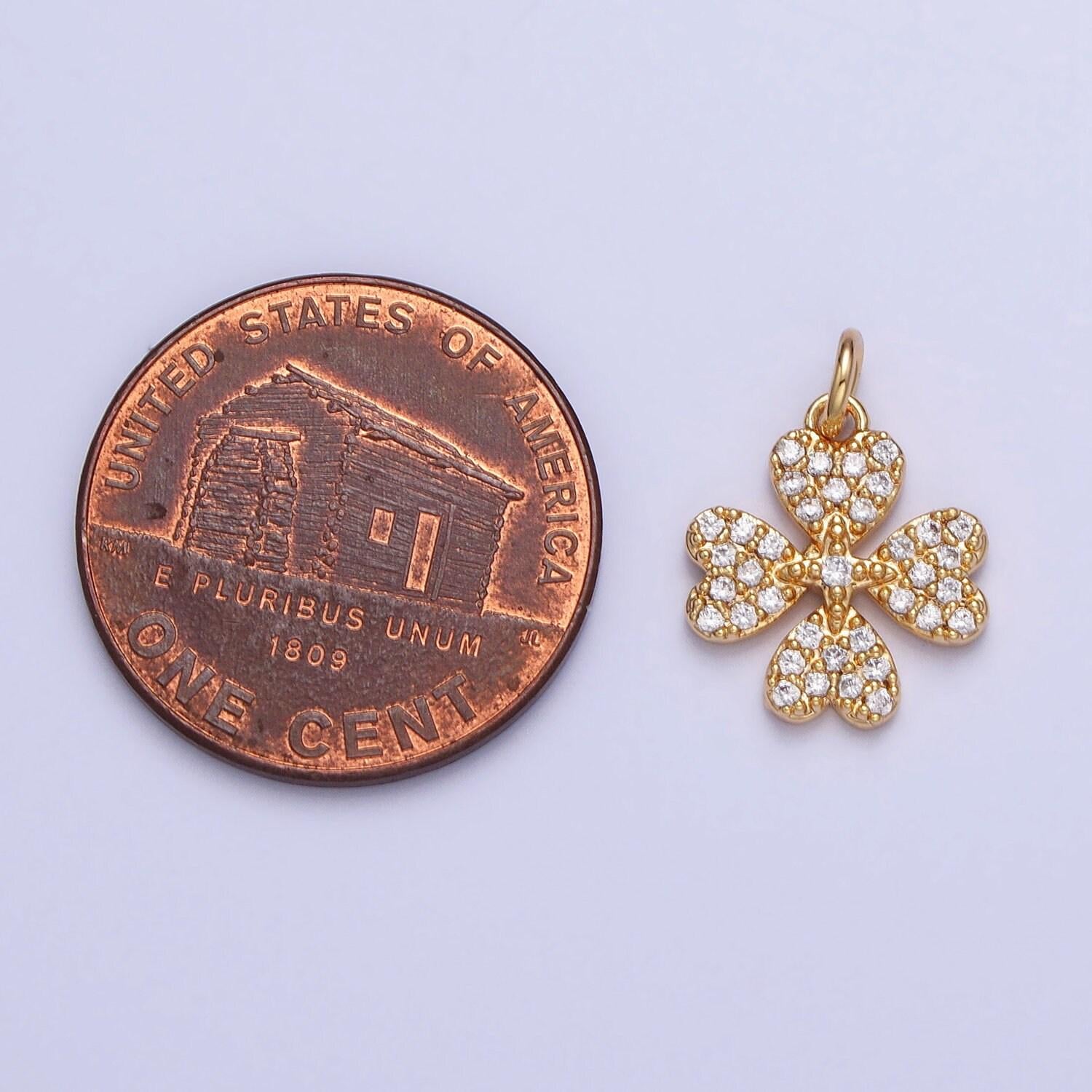 Mini gold quatrefoil clover charm gold plated over brass lead nickel free micro pave cz quatrefoil four-leaf clover lucky pendant ac769